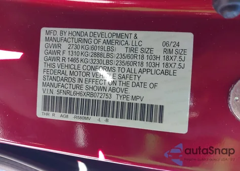 2024 Honda Odyssey Ex-L z USA, uszkodzony, nr VIN 5FNRL6H6XRB072753